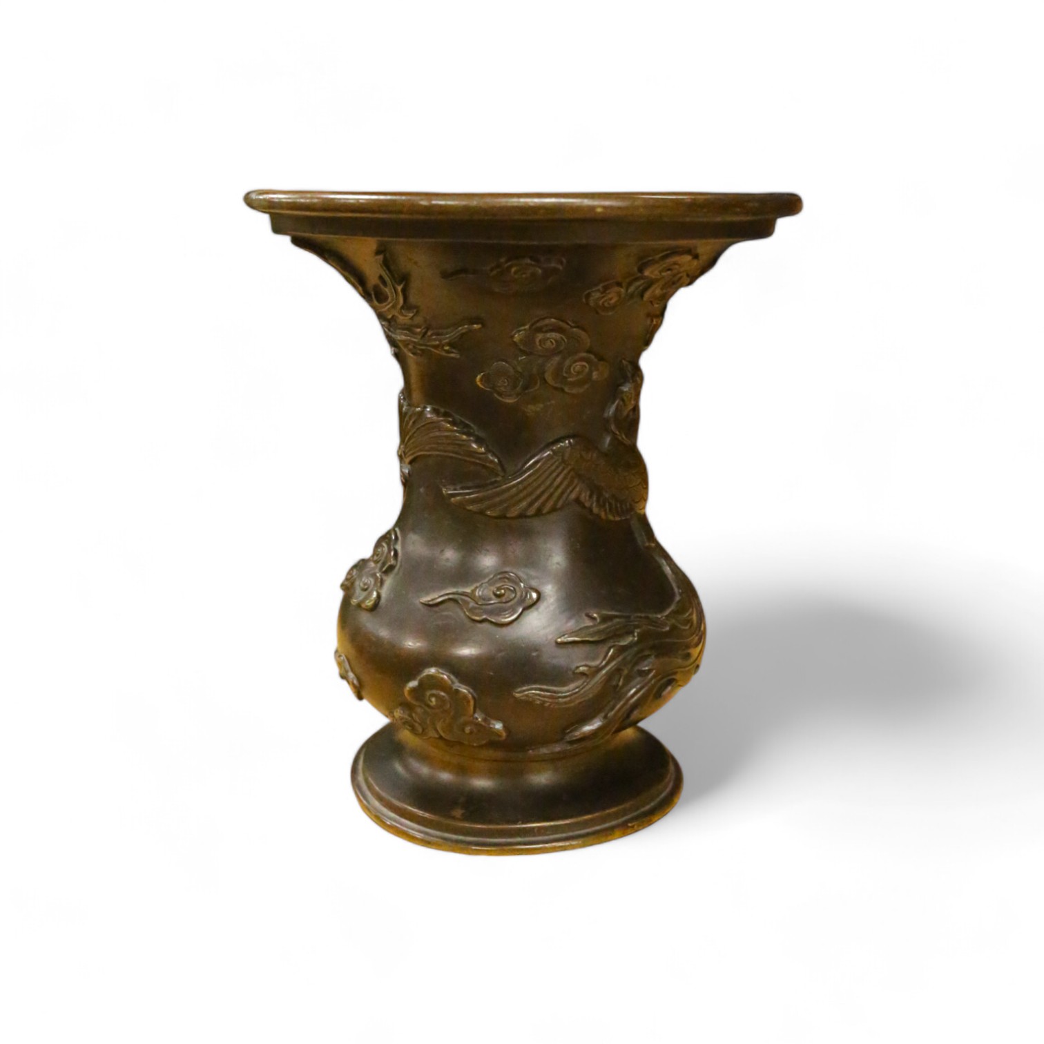 A 19th century Chinese cast bronze ‘phoenix’ vase, seal mark to the base, 17cm high. Condition - poor